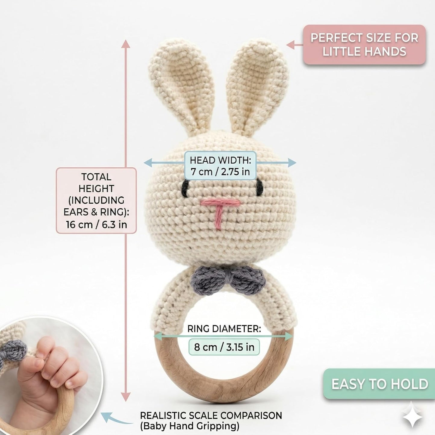 Handmade Crochet Bunny Wooden Teether Rattle for Babies | Soft Cotton Knitted Rabbit with Natural Beech Wood Ring | BPA Free Baby Sensory Toy