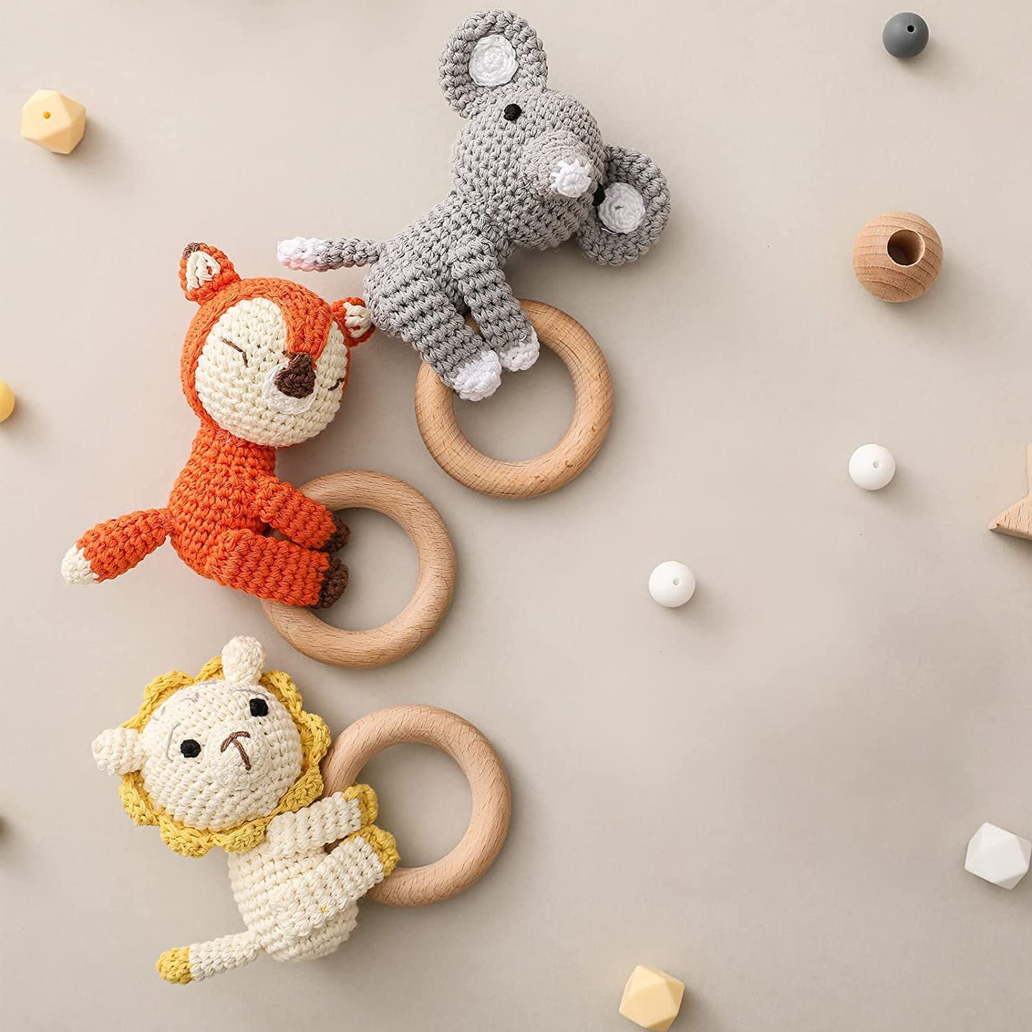 Wooden Baby Rattle Crochet Lion Baby Toys Handmade Newborn Toy Early Development Grips Stuffed Animal Organic Rattle (Lion)