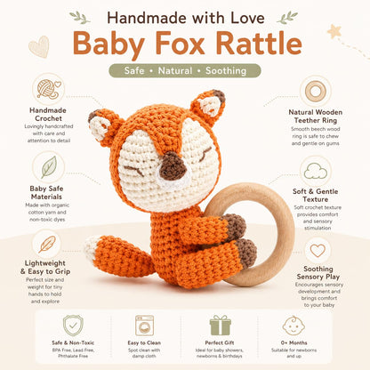 Handmade Crochet Fox Wooden Teether Rattle for Babies | Natural Wooden Ring | Soft Cotton Knitted Baby Toy | BPA Free Newborn Sensory Toy