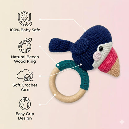Handmade Crochet Baby Teether – Toucan Bird Rattle with Wooden Ring, Cotton Yarn, Soft & Safe for Teething Infants, Jungle Animal Sensory Toy, Baby Shower Gift