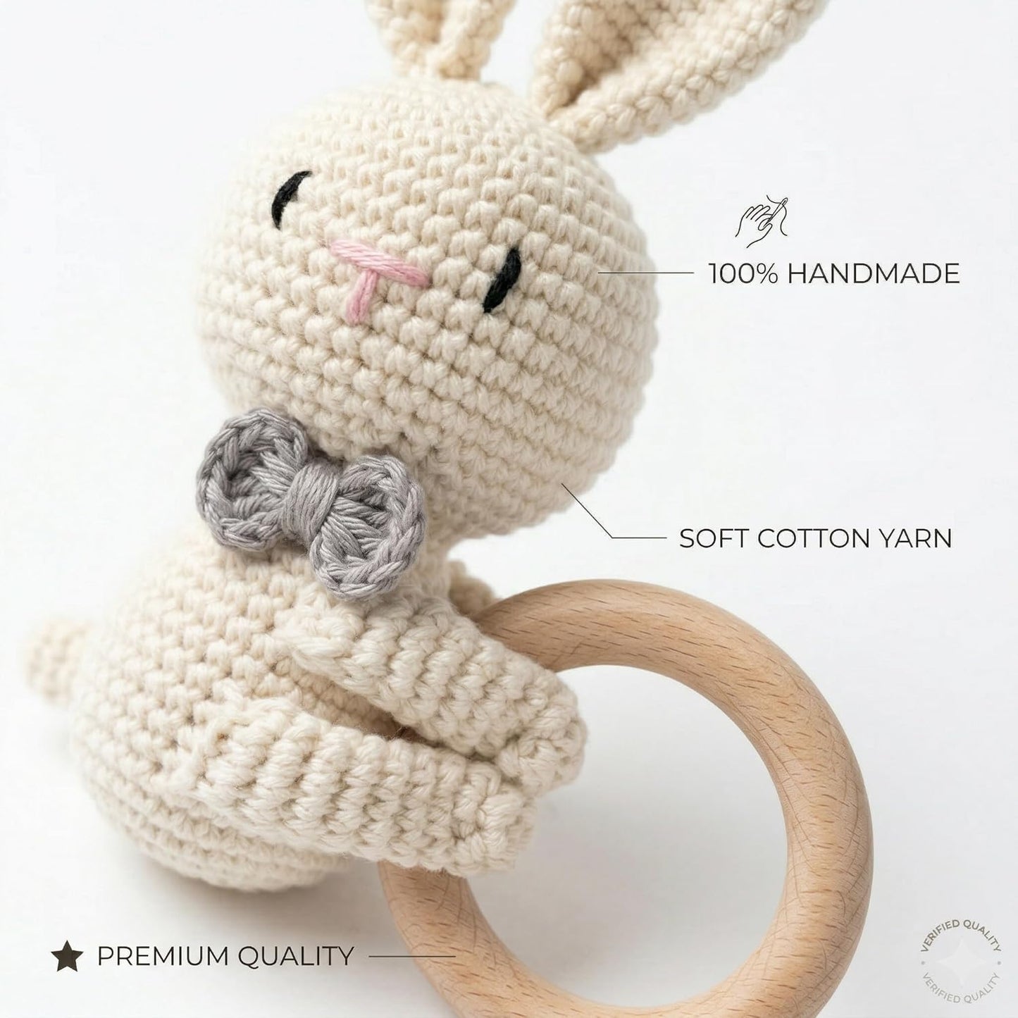Handmade Crochet Bunny Wooden Teether Toy for Babies | Soft Cotton Knitted Rabbit with Natural Wooden Ring | BPA Free Baby Rattle & Sensory Toy