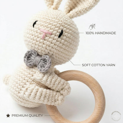 Handmade Crochet Bunny Wooden Teether Toy for Babies | Soft Cotton Knitted Rabbit with Natural Wooden Ring | BPA Free Baby Rattle & Sensory Toy