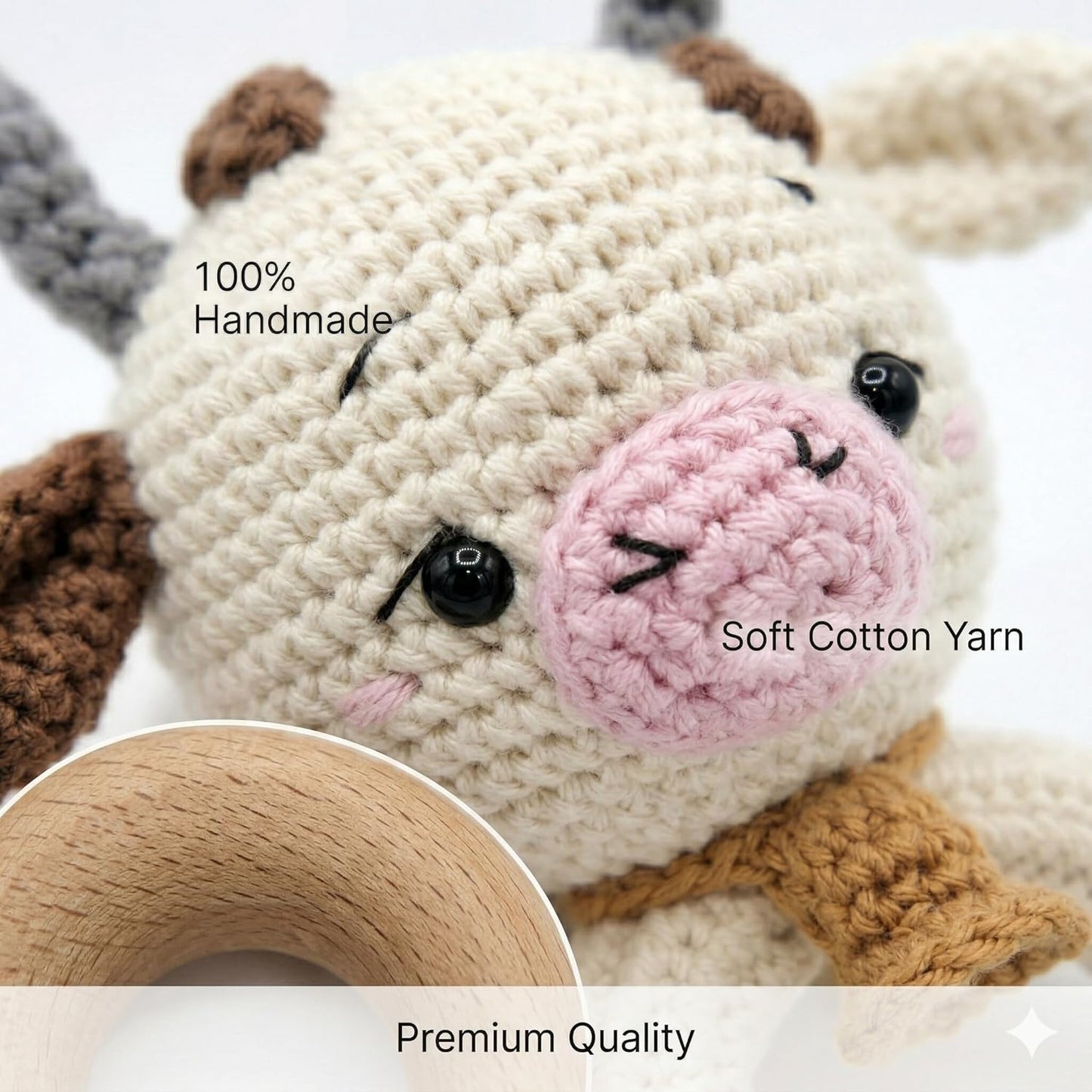 Handmade Crochet Cow Wooden Ring Rattle | Organic Baby Teether Toy | Amigurumi Cow Baby Gift