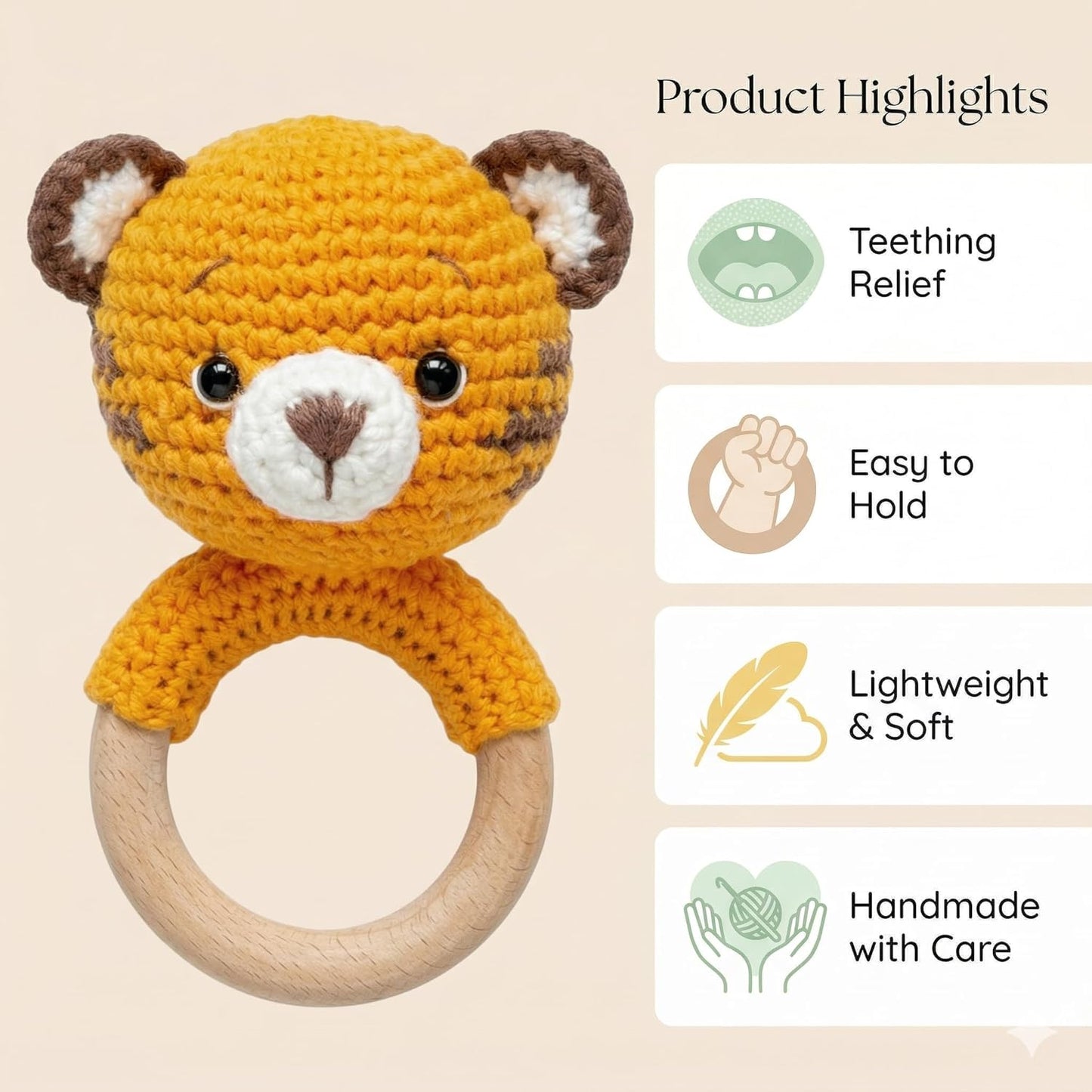 Handmade Crochet Tiger Wooden Teether Rattle for Babies | Natural Wooden Ring | Soft Cotton Knitted Baby Toy | BPA Free Infant Sensory Toy