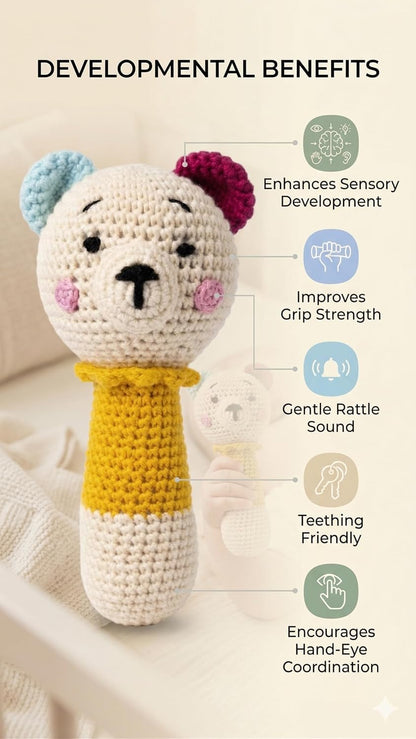 Handmade Crochet Bear Baby Rattle Toy | Soft Cotton Knitted Infant Sensory Toy | Made in India