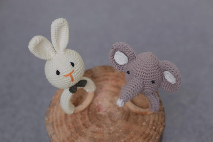 Handmade Crochet Bunny & Elephant Wooden Ring Rattle Set | Organic Baby Teether Toy | Amigurumi Baby Gift Set
