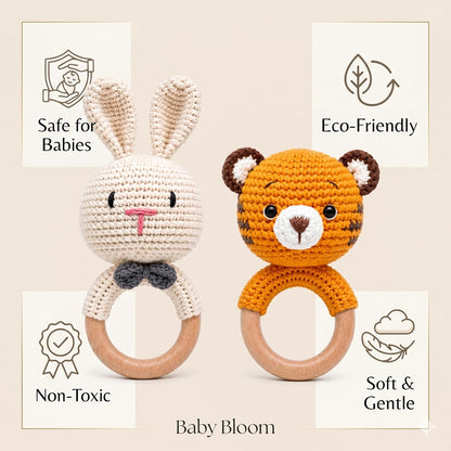 Handmade Crochet Bunny & Tiger Wooden Teether Rattle Set for Babies | 2 Pcs Natural Beech Wood Ring | Soft Cotton Knitted BPA Free Baby Sensory Toys