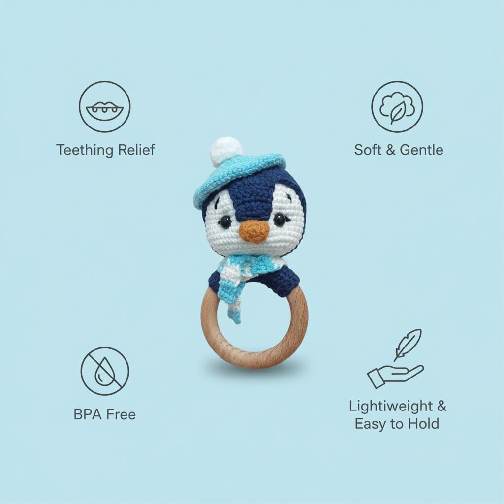 Handmade Crochet Penguin Wooden Ring Rattle | Organic Baby Teether Toy | Amigurumi Penguin Baby Gift