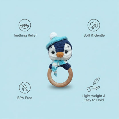Handmade Crochet Penguin Wooden Ring Rattle | Organic Baby Teether Toy | Amigurumi Penguin Baby Gift