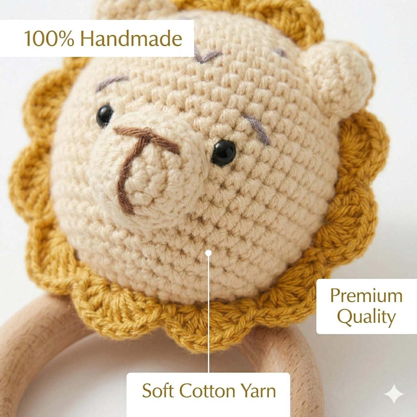 Handmade Crochet Lion Wooden Teether Rattle for Babies | Natural Wooden Ring | Soft Cotton Knitted Baby Toy | BPA Free Infant Sensory Toy