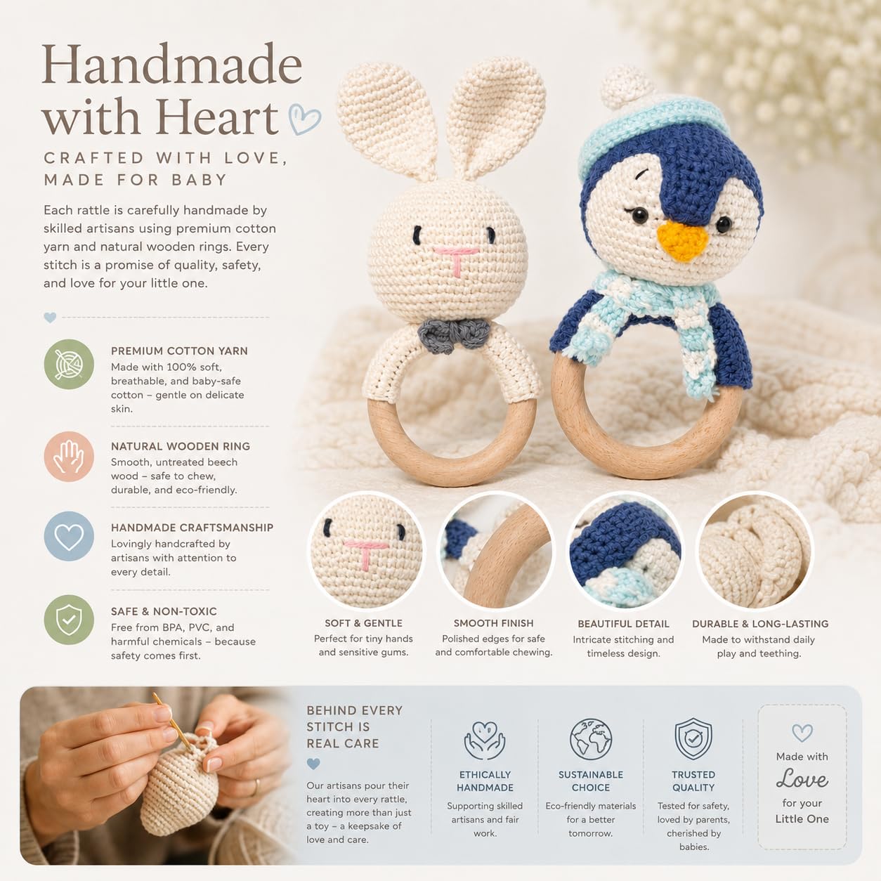 Handmade Crochet Bunny & Penguin Wooden Teether Combo | Baby Teething Ring Toy | Natural Wood Infant Chew Toy | Soft Knitted Newborn Rattle Teether | Organic Cotton Baby Gift Set (Pack of 2)