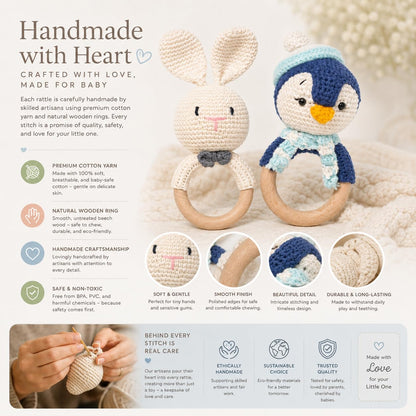 Handmade Crochet Bunny & Penguin Wooden Teether Combo | Baby Teething Ring Toy | Natural Wood Infant Chew Toy | Soft Knitted Newborn Rattle Teether | Organic Cotton Baby Gift Set (Pack of 2)