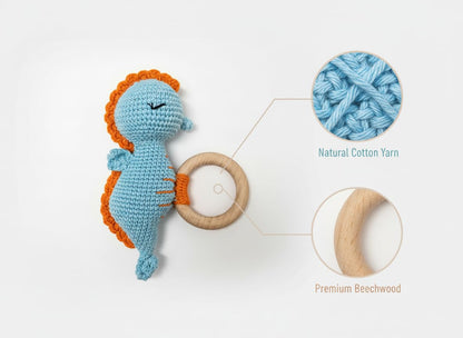 Handmade Crochet Baby Teether – Blue Seahorse Rattle with Wooden Ring, Cotton Yarn, Soft & Safe for Teething Infants, Ocean Animal Sensory Toy, Baby Shower Gift