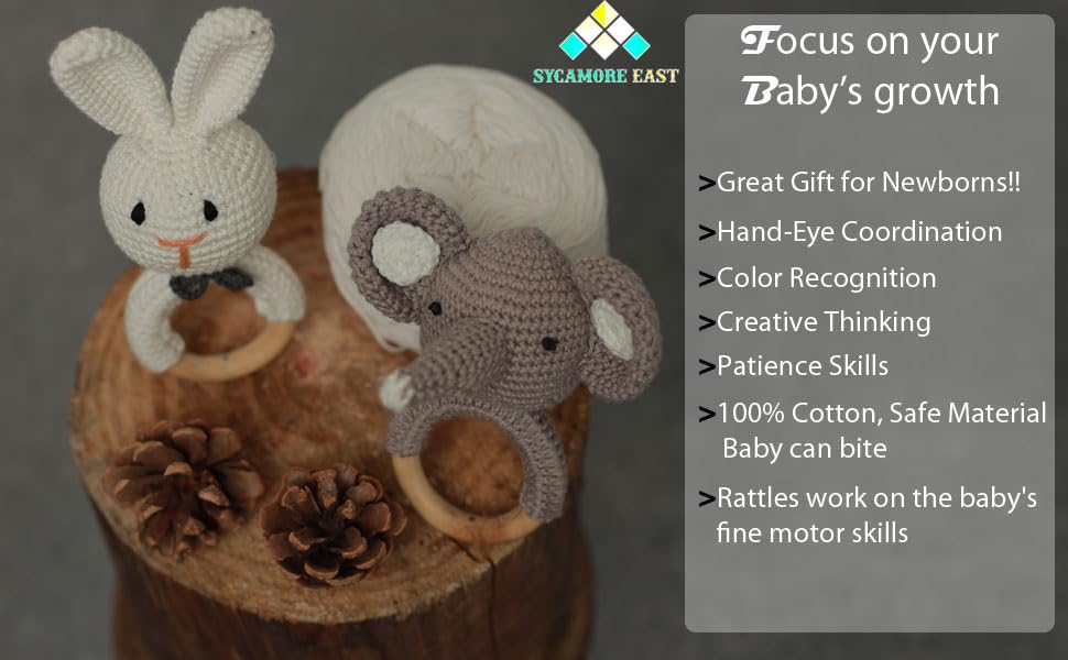 Handmade Crochet Elephant Wooden Ring Rattle | Organic Baby Teether Toy | Soft Amigurumi Baby Gift
