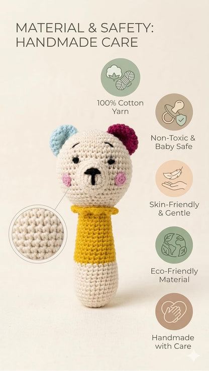 Handmade Crochet Bear Baby Rattle Toy | Soft Cotton Knitted Infant Sensory Toy | Made in India