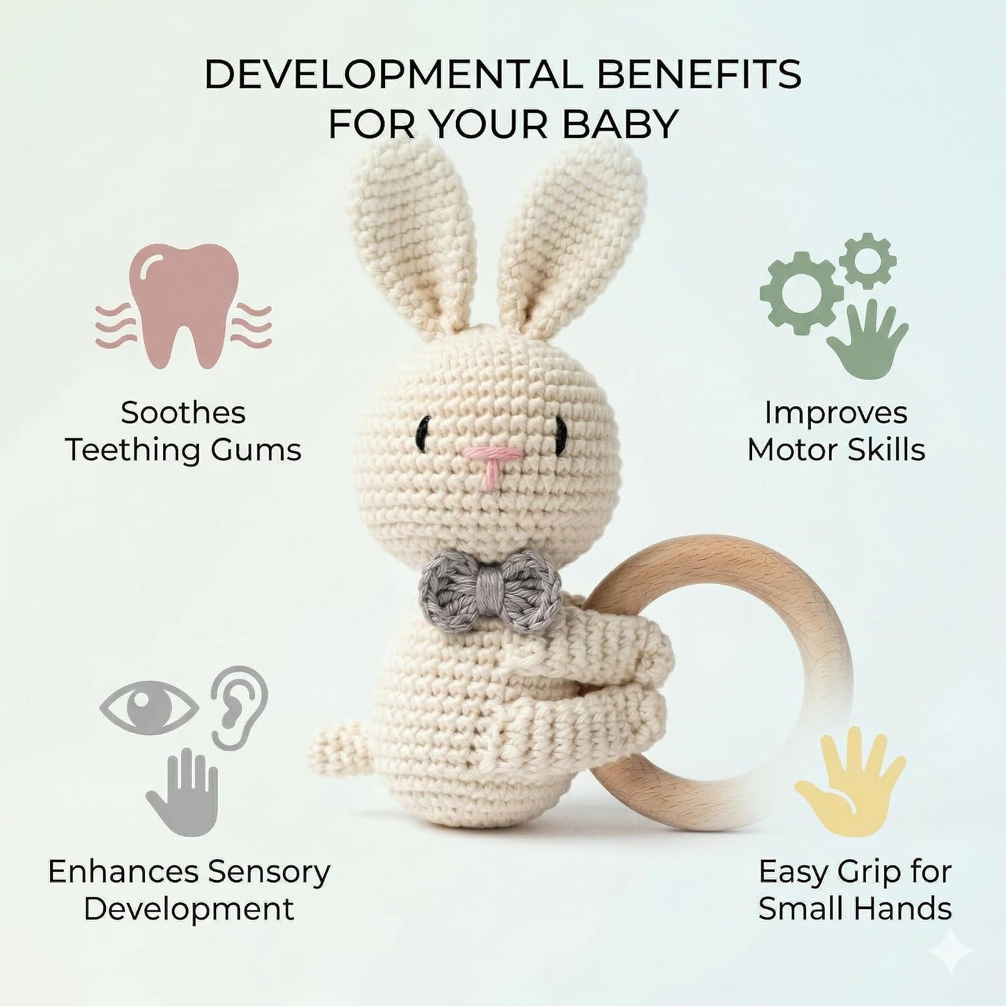 Handmade Crochet Bunny Wooden Teether Toy for Babies | Soft Cotton Knitted Rabbit with Natural Wooden Ring | BPA Free Baby Rattle & Sensory Toy