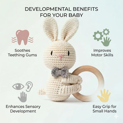 Handmade Crochet Bunny Wooden Teether Toy for Babies | Soft Cotton Knitted Rabbit with Natural Wooden Ring | BPA Free Baby Rattle & Sensory Toy