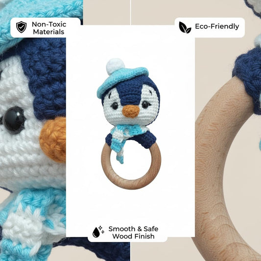 Handmade Crochet Penguin Wooden Ring Rattle | Organic Baby Teether Toy | Amigurumi Penguin Baby Gift
