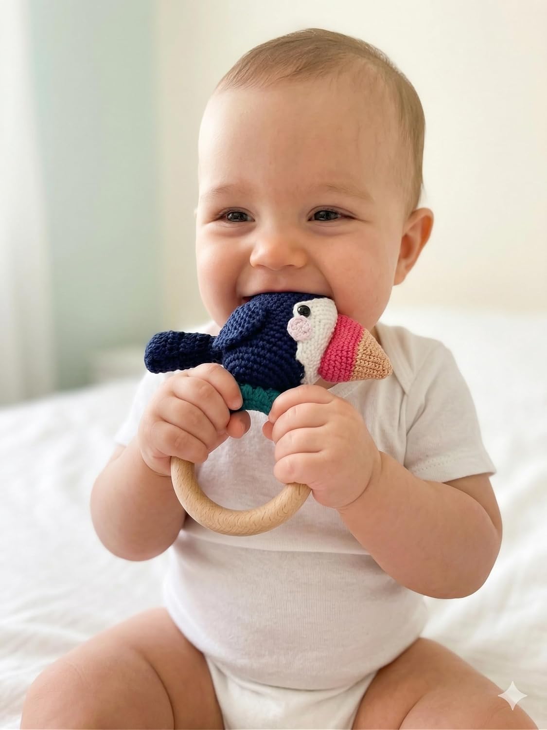 Handmade Crochet Baby Teether – Toucan Bird Rattle with Wooden Ring, Cotton Yarn, Soft & Safe for Teething Infants, Jungle Animal Sensory Toy, Baby Shower Gift