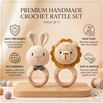 Handmade Crochet Bunny & Lion Wooden Teether Rattle Set for Babies | 2 Pcs Natural Beech Wood Ring | Soft Cotton Knitted BPA Free Baby Sensory Toys