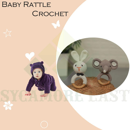 Handmade Crochet Bunny & Elephant Wooden Ring Rattle Set | Organic Baby Teether Toy | Amigurumi Baby Gift Set