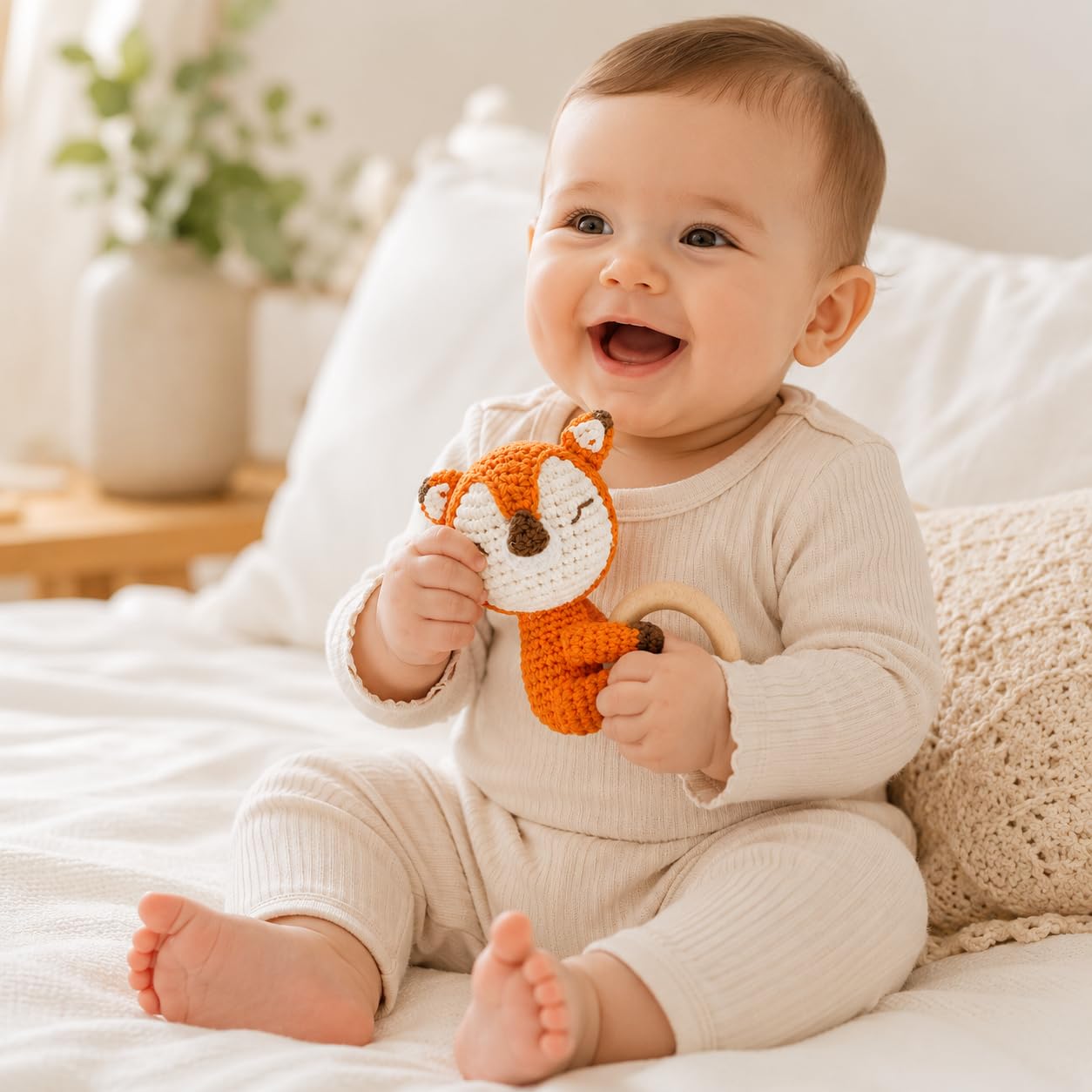 Handmade Crochet Fox Wooden Teether Rattle for Babies | Natural Wooden Ring | Soft Cotton Knitted Baby Toy | BPA Free Newborn Sensory Toy