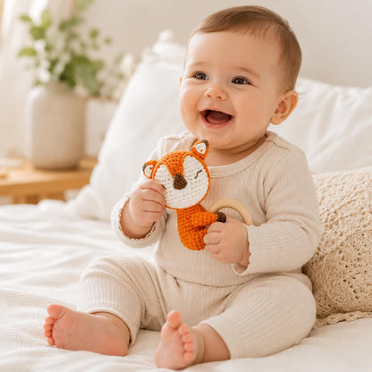 Handmade Crochet Fox Wooden Teether Rattle for Babies | Natural Wooden Ring | Soft Cotton Knitted Baby Toy | BPA Free Newborn Sensory Toy