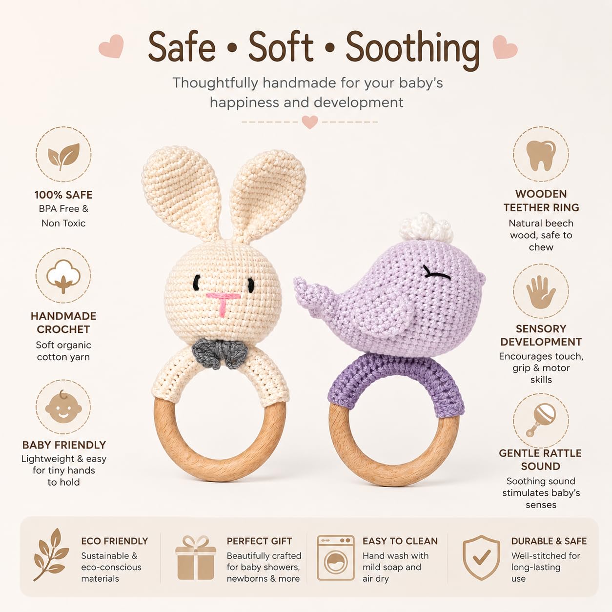 Handmade Crochet Bunny Wooden Teether Rattle for Babies | Natural Wooden Ring | Soft Cotton Knitted Baby Toy | BPA Free Infant Sensory Toy