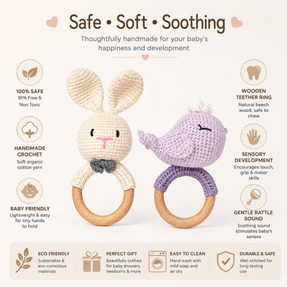 Handmade Crochet Bunny Wooden Teether Rattle for Babies | Natural Wooden Ring | Soft Cotton Knitted Baby Toy | BPA Free Infant Sensory Toy