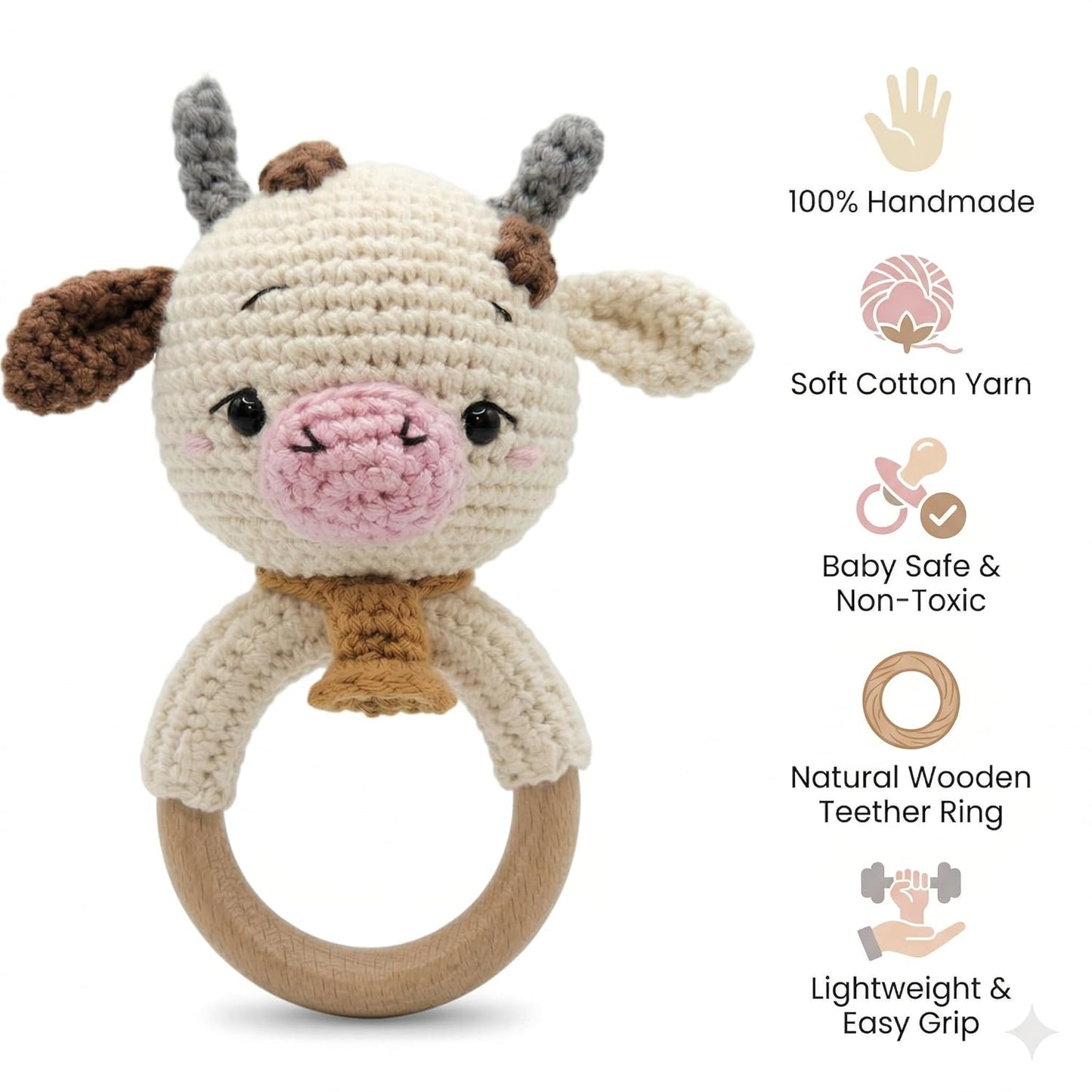 Handmade Crochet Cow Wooden Ring Rattle | Organic Baby Teether Toy | Amigurumi Cow Baby Gift