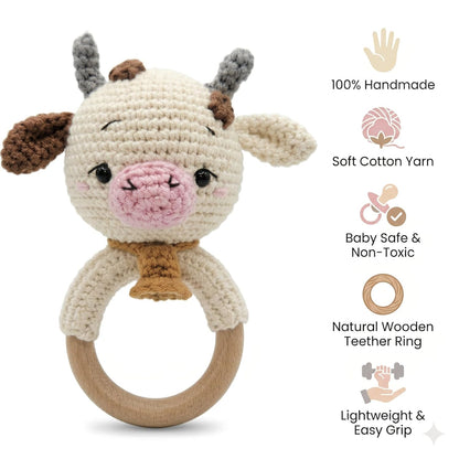 Handmade Crochet Cow Wooden Ring Rattle | Organic Baby Teether Toy | Amigurumi Cow Baby Gift