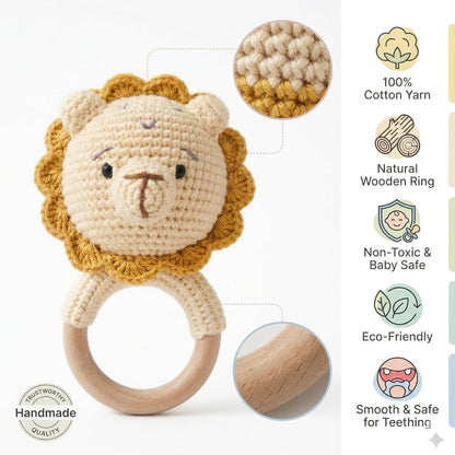 Handmade Crochet Lion Wooden Teether Rattle for Babies | Natural Wooden Ring | Soft Cotton Knitted Baby Toy | BPA Free Infant Sensory Toy