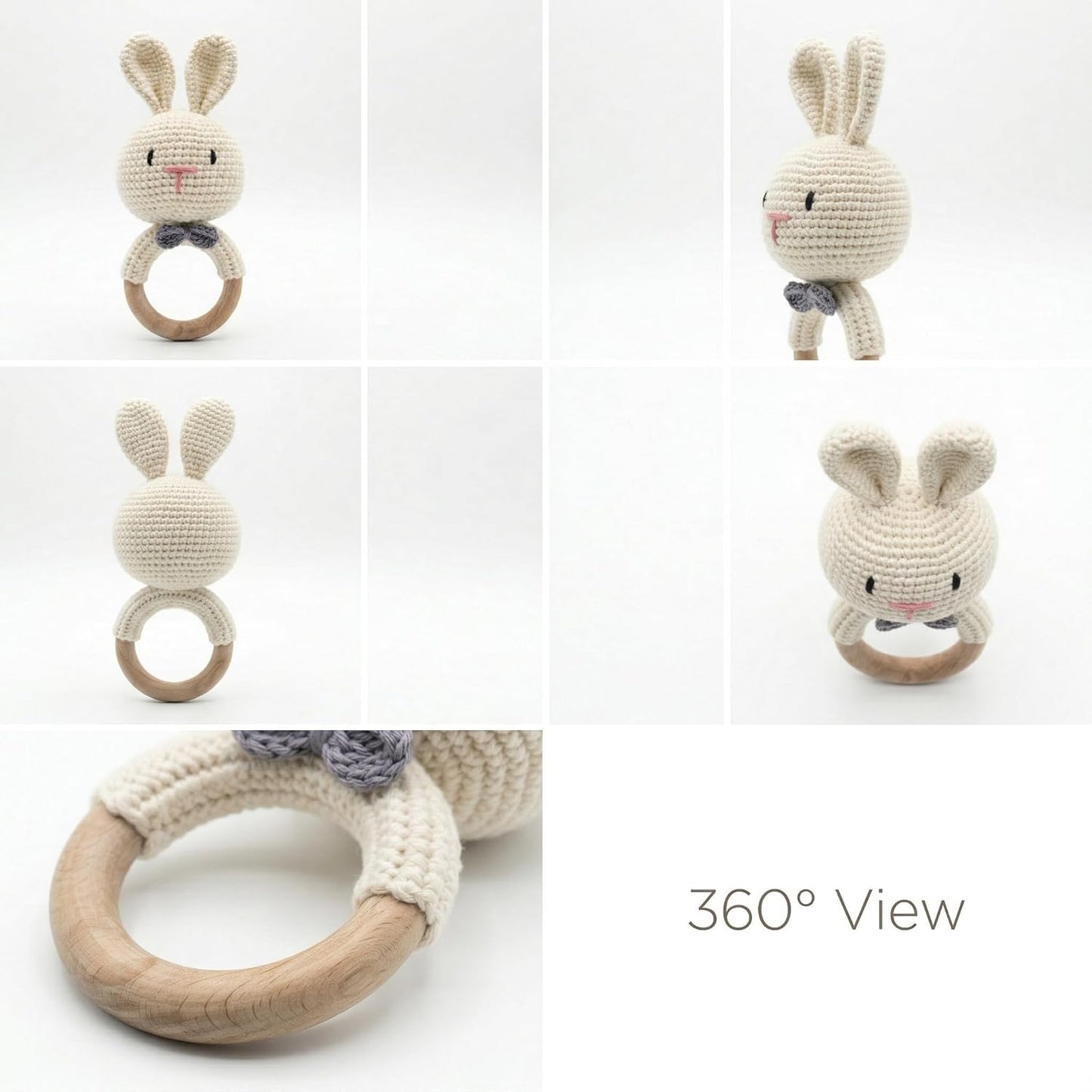 Handmade Crochet Bunny Wooden Teether Rattle for Babies | Soft Cotton Knitted Rabbit with Natural Beech Wood Ring | BPA Free Baby Sensory Toy