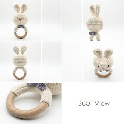 Handmade Crochet Bunny Wooden Teether Rattle for Babies | Soft Cotton Knitted Rabbit with Natural Beech Wood Ring | BPA Free Baby Sensory Toy