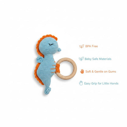Handmade Crochet Baby Teether – Blue Seahorse Rattle with Wooden Ring, Cotton Yarn, Soft & Safe for Teething Infants, Ocean Animal Sensory Toy, Baby Shower Gift