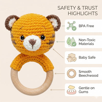 Handmade Crochet Tiger Wooden Teether Rattle for Babies | Natural Wooden Ring | Soft Cotton Knitted Baby Toy | BPA Free Infant Sensory Toy
