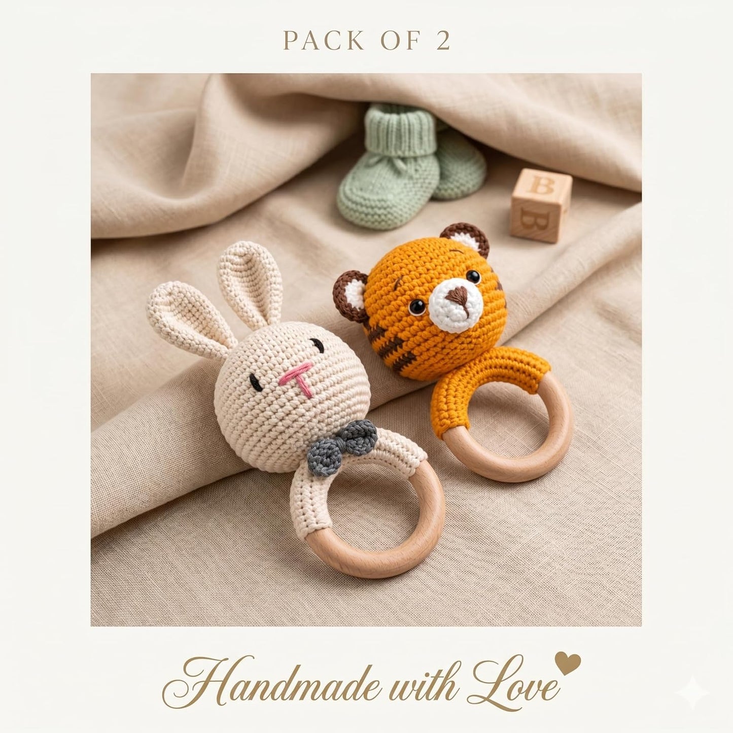 Handmade Crochet Bunny & Tiger Wooden Teether Rattle Set for Babies | 2 Pcs Natural Beech Wood Ring | Soft Cotton Knitted BPA Free Baby Sensory Toys