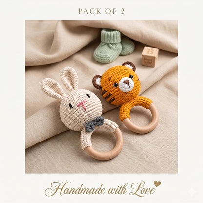 Handmade Crochet Bunny & Tiger Wooden Teether Rattle Set for Babies | 2 Pcs Natural Beech Wood Ring | Soft Cotton Knitted BPA Free Baby Sensory Toys