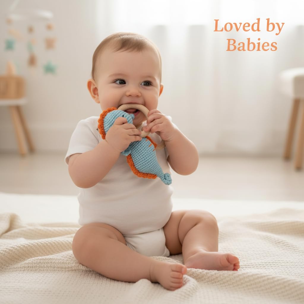 Handmade Crochet Baby Teether – Blue Seahorse Rattle with Wooden Ring, Cotton Yarn, Soft & Safe for Teething Infants, Ocean Animal Sensory Toy, Baby Shower Gift