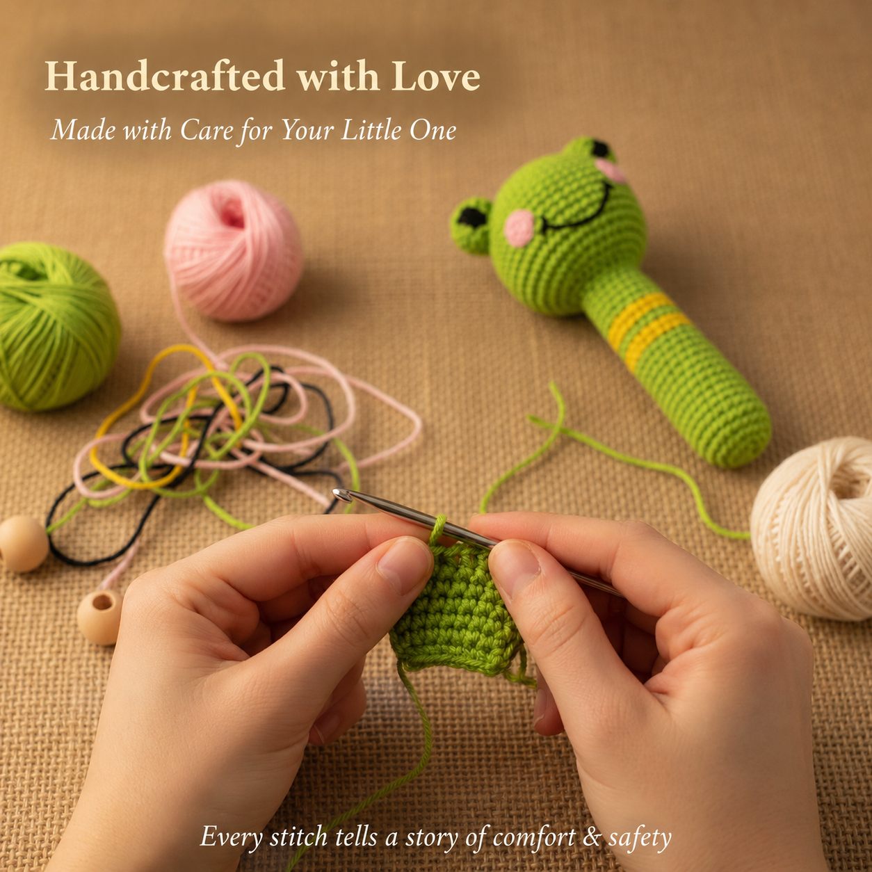Handmade Crochet Frog Baby Rattle Toy – Soft Amigurumi Plush Teether for Newborns & Infants – Safe Cotton Yarn, Developmental Sensory Toy, Baby Shower Gift