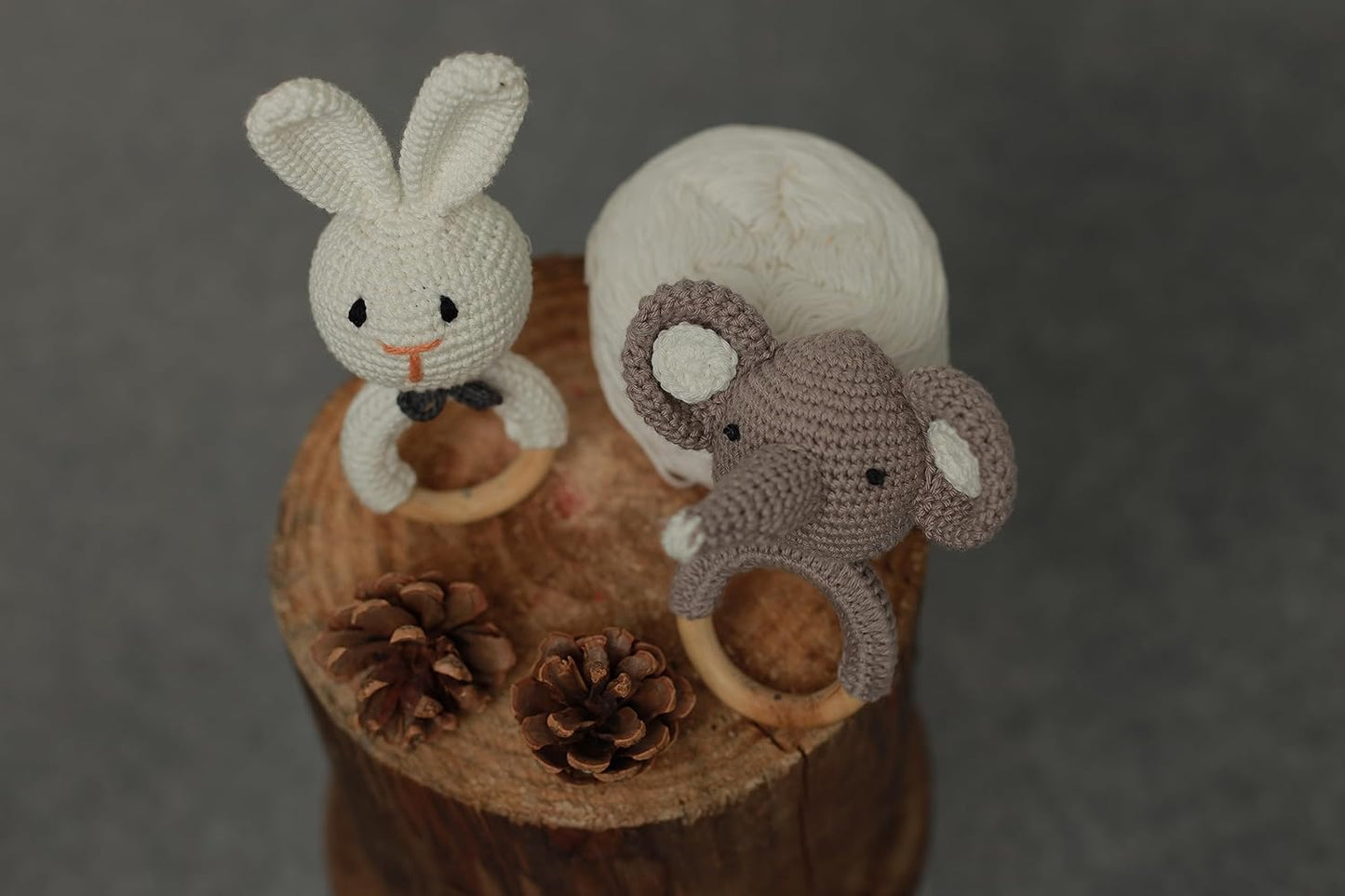 Handmade Crochet Bunny & Elephant Wooden Ring Rattle Set | Organic Baby Teether Toy | Amigurumi Baby Gift Set