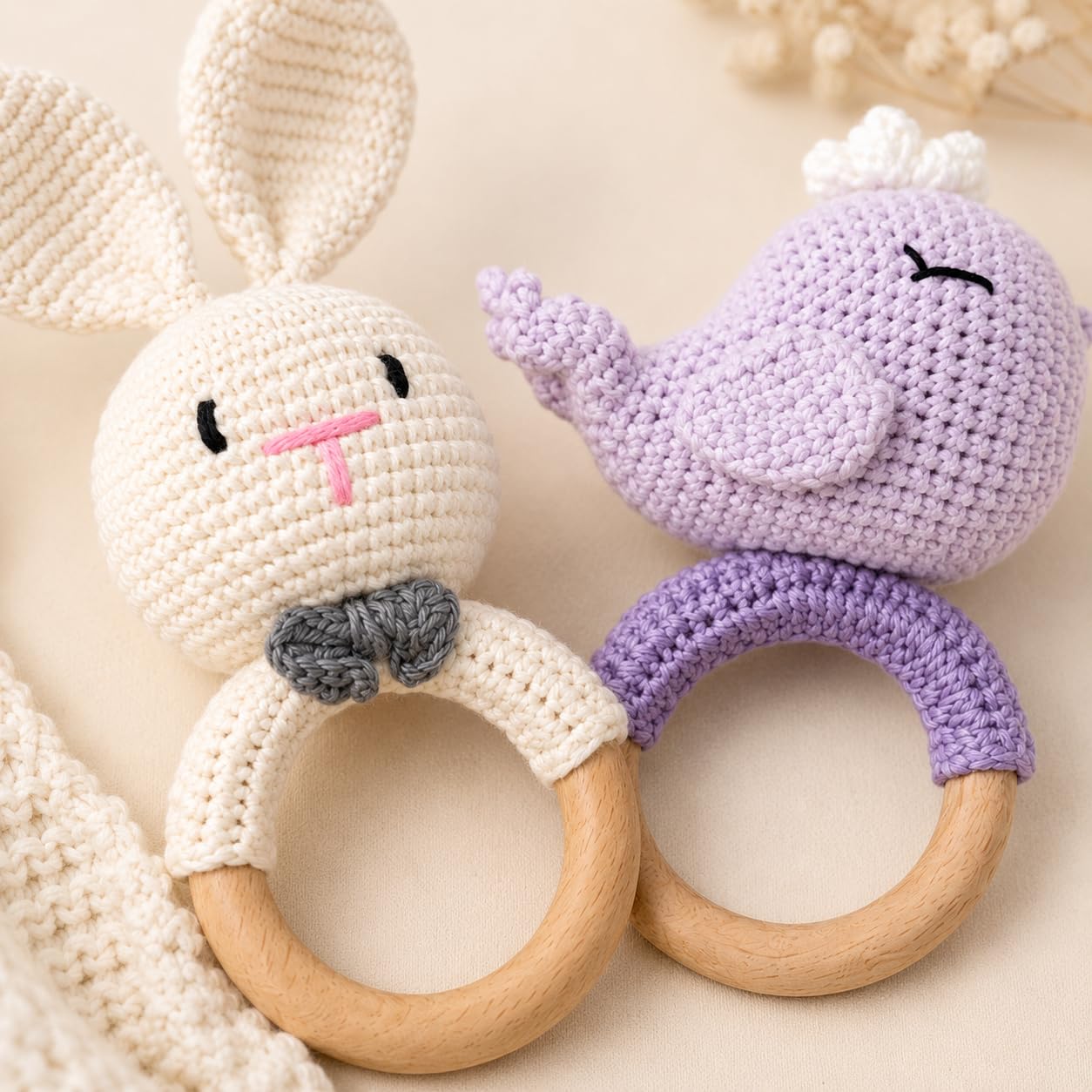 Handmade Crochet Bunny Wooden Teether Rattle for Babies | Natural Wooden Ring | Soft Cotton Knitted Baby Toy | BPA Free Infant Sensory Toy