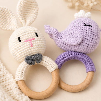 Handmade Crochet Bunny Wooden Teether Rattle for Babies | Natural Wooden Ring | Soft Cotton Knitted Baby Toy | BPA Free Infant Sensory Toy