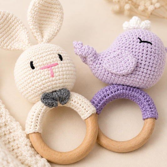 Handmade Crochet Bunny Wooden Teether Rattle for Babies | Natural Wooden Ring | Soft Cotton Knitted Baby Toy | BPA Free Infant Sensory Toy