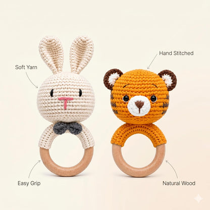 Handmade Crochet Bunny & Tiger Wooden Teether Rattle Set for Babies | 2 Pcs Natural Beech Wood Ring | Soft Cotton Knitted BPA Free Baby Sensory Toys
