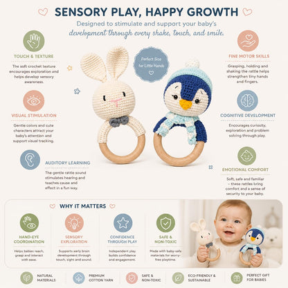 Handmade Crochet Bunny & Penguin Wooden Teether Combo | Baby Teething Ring Toy | Natural Wood Infant Chew Toy | Soft Knitted Newborn Rattle Teether | Organic Cotton Baby Gift Set (Pack of 2)