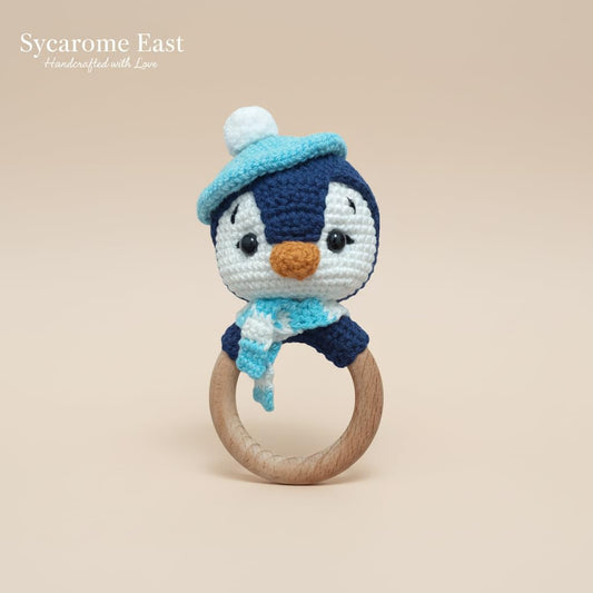 Handmade Crochet Penguin Wooden Ring Rattle | Organic Baby Teether Toy | Amigurumi Penguin Baby Gift