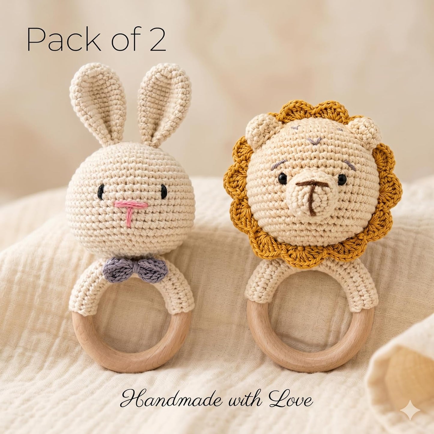 Handmade Crochet Bunny & Lion Wooden Teether Rattle Set for Babies | 2 Pcs Natural Beech Wood Ring | Soft Cotton Knitted BPA Free Baby Sensory Toys