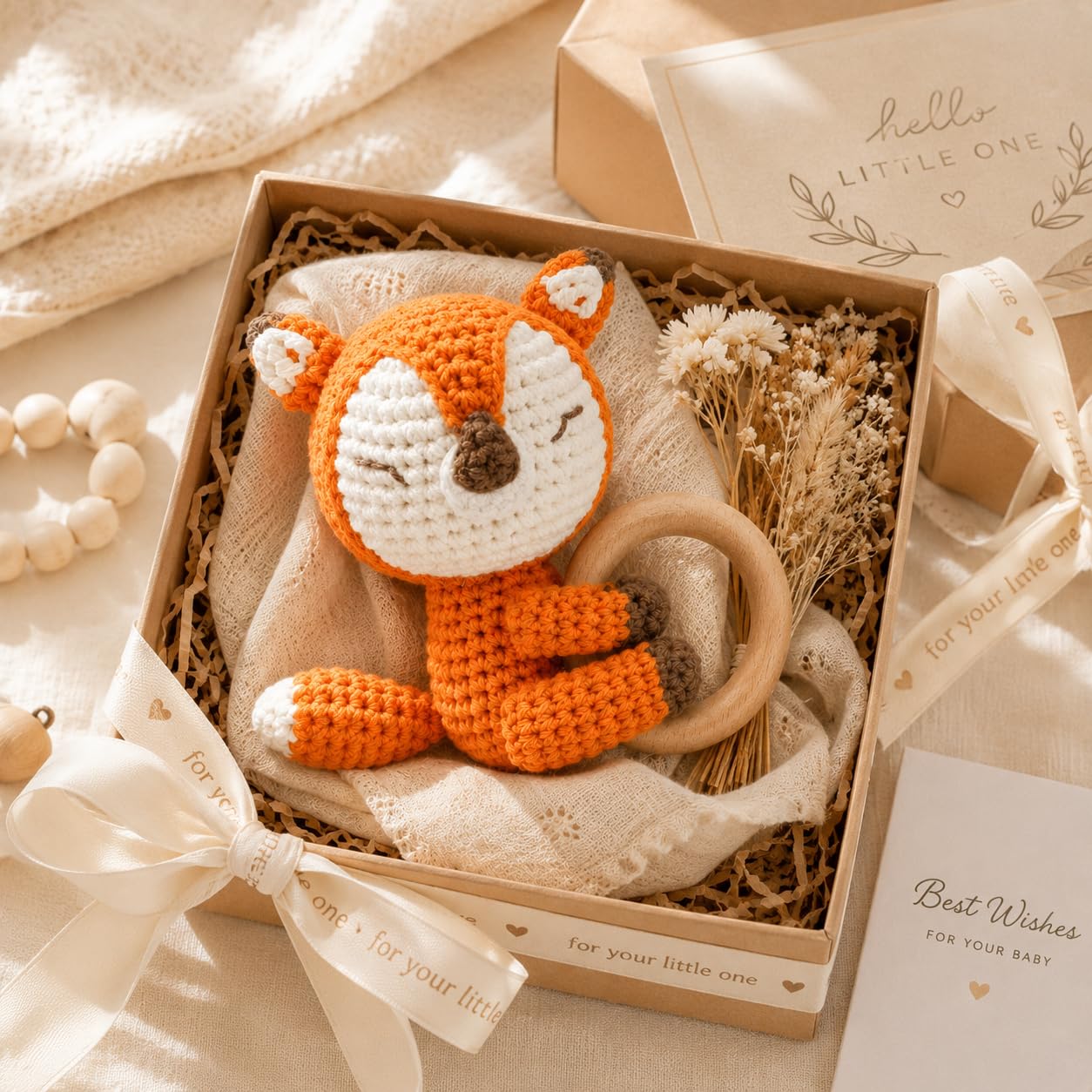 Handmade Crochet Fox Wooden Teether Rattle for Babies | Natural Wooden Ring | Soft Cotton Knitted Baby Toy | BPA Free Newborn Sensory Toy