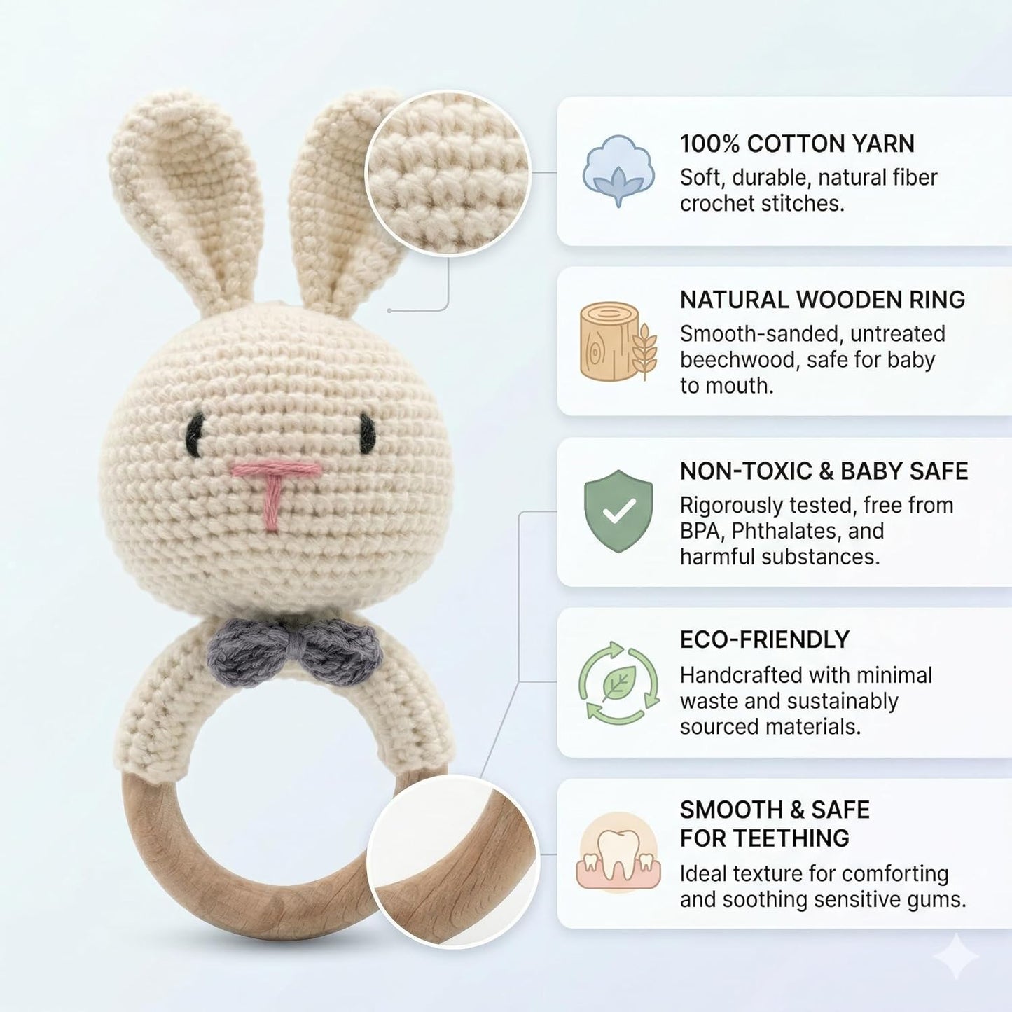 Handmade Crochet Bunny Wooden Teether Rattle for Babies | Soft Cotton Knitted Rabbit with Natural Beech Wood Ring | BPA Free Baby Sensory Toy
